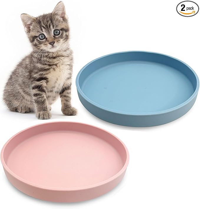 Silicone Cat Food Bowls Shallow Cat Dishes 5.9in Wide Pet Plates Set of 2 Small Flat Dog Saucer Bowl Cute Whisker Fatigue Kitten Feeding Dish for Dry & Wet Food (Round Blue + Pink)
