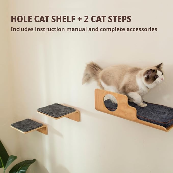 LIORCE Cat Wall Shelves with 2 Steps, Creative Design Cat Shelf with Peephole, 19 x 10 inch Cats Wall Furniture with Comfortable Pad, Cats Perch for Sleeping, Playing, and Scratching.