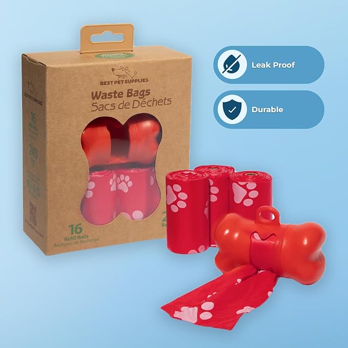 Best Pet Supplies Dog Poop Bags for Waste Refuse Cleanup, Doggy Roll Replacements for Outdoor Puppy Walking and Travel, Leak Proof and Tear Resistant, Thick Plastic - Red, 240 Bags