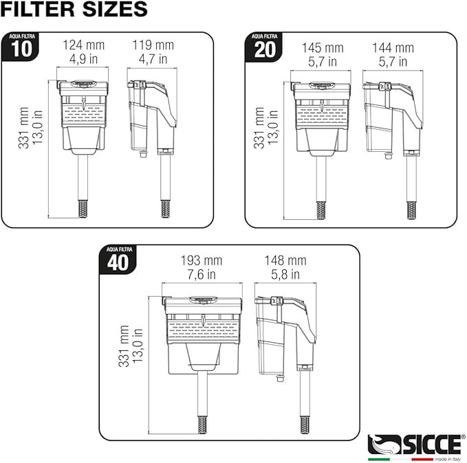 Sicce Aqua Filtra 40 Hang On Back Aquarium Fish Tank Power Filter Up to 40 Gallon Aquariums - Quiet 3-Stage HOB for Freshwater & Saltwater
