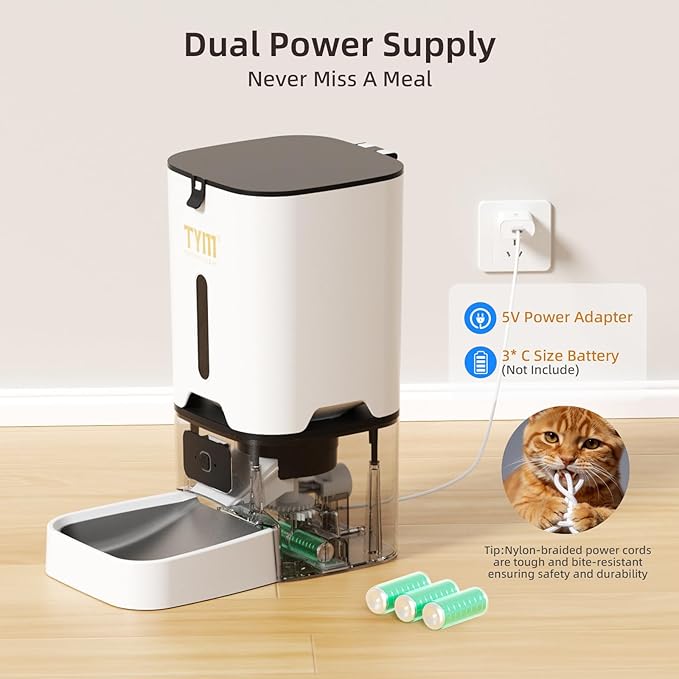 TYM Automatic Cat Feeder, 7L Time Cat Food Dispenser for Dry Food, APP Control Pet Feeder Programmable Portion Size, Auto Feeder for Cats Small Dogs with Stainless Bowl, Large Capacity (Not WiFi)