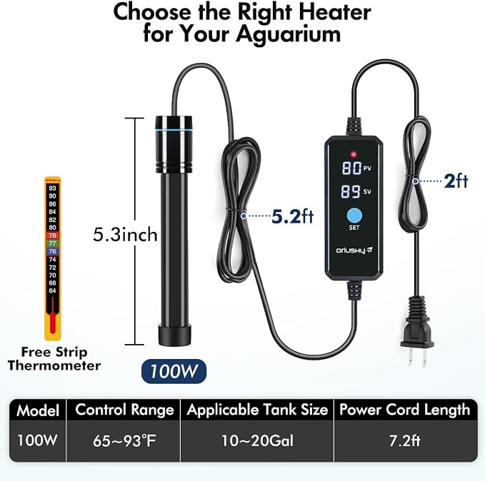 Orlushy Submersible Aquarium Heater, Fish Tank Heater with Free Thermometer for Freshwater and Saltwater Tank