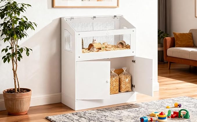 Hamster Cage with Storage Cabinet, Small Animal Cage with Acrylic Viewing Window & Ventilated Mesh, Large Pet Habitat Enclosure for Guinea Pig, Mice, Gerbils, Hedgehogs, Rats, Rabbit