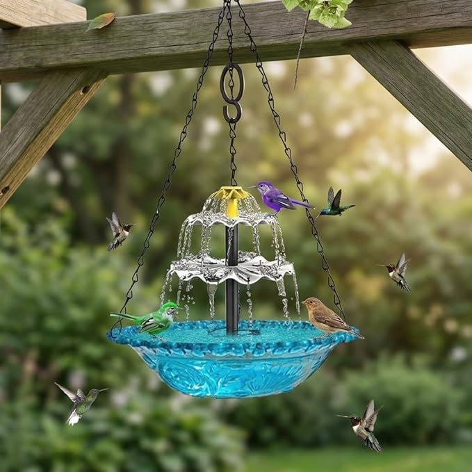 Solar Cascade Hanging Bird Bath Fountain, Solar Powered Hanging Bird Bath with Glass Bowl, Outdoor Hanging Birdbath Water Fountain for Hummingbirds, Garden Patio Yard Decor, Blue (red)