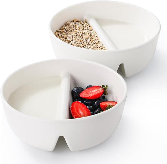 Anti-Soggy Cereal Bowl Set of 2, 6.7 Inch Divided Ceramic Bowls for Cereal and Milk, Chip and Dip Bowl, Soup and Sandwich Plate Combo, Stackable Snack Serving Bowl for Kids Adults, White