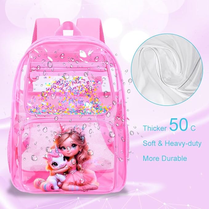 AGSDON 3PCS Unicorn Clear Backpack for Girls,16" Transparent Bookbag Heavy Duty, Cute See Through Backpacks with Lunch Bag - Pink
