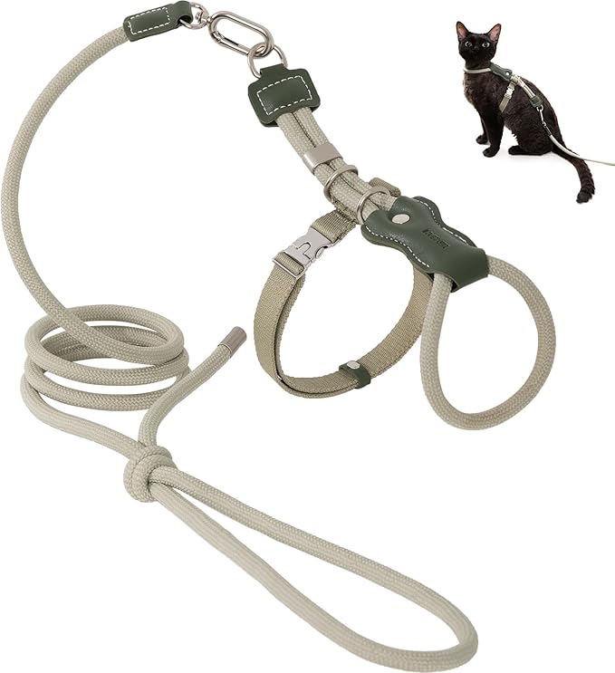 ETIAL Premium Adjustable Escape-Proof Cat Harness & Leash Set with Leather Sliding Back, 4.3ft Nylon Rope, Cross-Strap, Heavy-Duty Buckles for Secure Walking (Olive Green, Back Length 3.5”-4.7”)