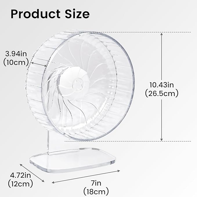 Silent Hamster Wheel, 10in Hamster Wheel with Adjustable Stand, Double-Bearing Quiet Spinner for Syrian Hamsters, Hedgehogs, Mice & Small Pets, Clear