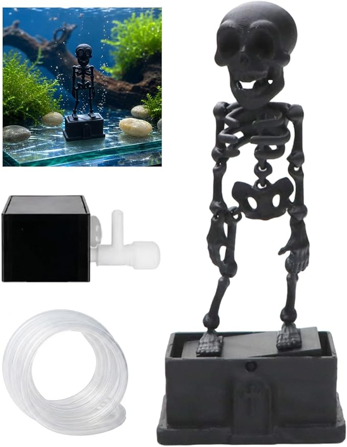 Dancing Skeleton Aquarium Bubbler, Halloween Fish Tank Decor(Black) | Adjustable airflow with 1m hose & valve. Safe resin, for freshwater/saltwater tanks. Air pump not included.