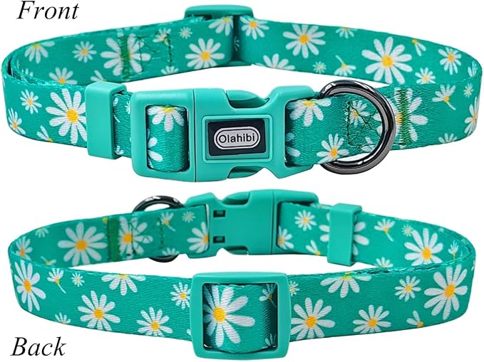 Dog Collar Leash Set, Floral Pattern, Polyester Material, Adjustable Collar and 5ft Matching Leash, for Medium Dogs.(M, Green Daisy)