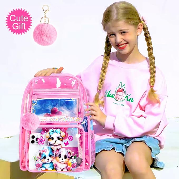 AGSDON 3PCS Clear Backpack for Girls, See Through Backpacks for Kids with Lunch Box, Heavy Duty Transparent Bookbag - Dog