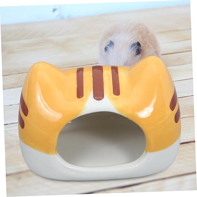 Ceramic Hamster Hideout Bed Cat-Shaped Cozy Nest for Dwarf Hamsters Gerbils and Mice Unique Floral Design Multifunctional Toy and Shelter for Small Pets