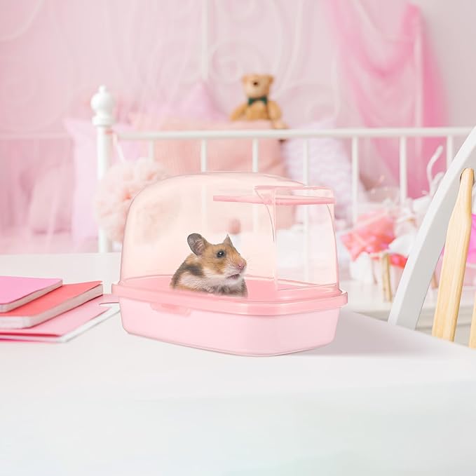 UKCOCO Hamster Sand Bath Container, Small Pet Bathtub, Plastic Dust Bath House for Chinchilla, Hedgehog, Squirrel, Guinea Pig, Indoor Use, Pink, 9.05 x 6.29 x 6.69 Inches