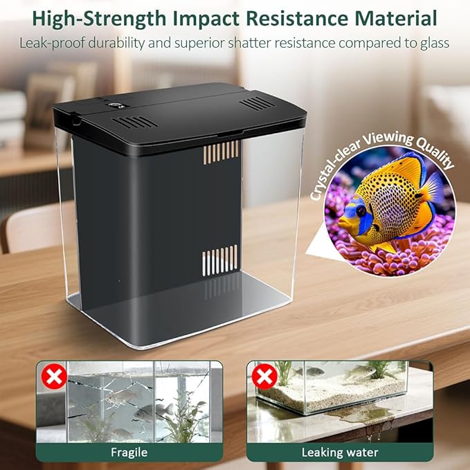 Small Fish Tank 1.2 Gallon Self Cleaning Betta Aquarium Starter Kit with Auto-Cycling Quiet Pump (Filteration & Oxygenation & Circulation) 5-Color LED Desktop Room Aquarium