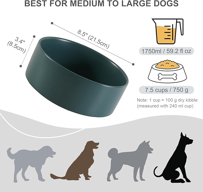 Ceramic Dog Bowl for Food and Water - Pet Feeder Bowl for Medium to Large Dogs - Heavy Ceramic Feeding Dish with Non Slip Base - Dishwasher & Microwave Safe - 8 Inch - 7.5 Cups - Green
