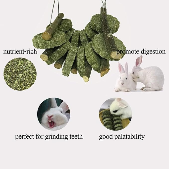 Hamiledyi Bunny Chew Toys for Teeth Organic Fruitwood Sticks for Bunny Rabbits Chinchilla Guinea Pigs Hamsters Parrots and Other Small Animals Chewing and Playing Pet Snacks Toys with Grass Cake