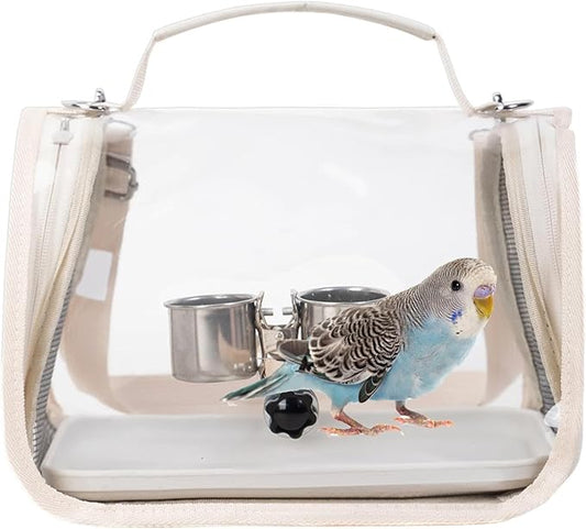 Ventilated Bird Carrier, Travel Backpack with Perch Stand, 36cm Pet Transport Bag with Breathable Mesh Panels, Aviary Carrier with Clear Window Design, Bird Travel Bag for Camping Hiking Trips