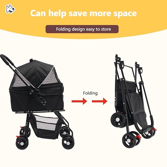 SUNNYFEEL Pet Stroller for Small Dogs and Cats, Iron Two-in-one Split, One-Click Foldable Dog Stroller, Holds up to 45 lbs, Storage Basket & Side Bag, Breathable Mesh, Black-pro