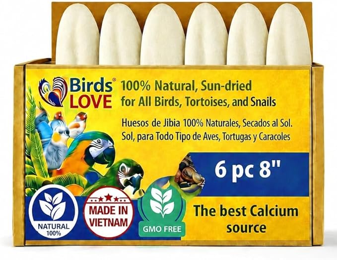 Birds LOVE 7.5-8" Cuttlebone for Birds – 100% Natural Sun-Dried Calcium Carbonate Mineral Supplement – for Parakeets, Budgies, Cockatiels, Finches & Canaries – 6 Pack with Holder – Made in Vietnam