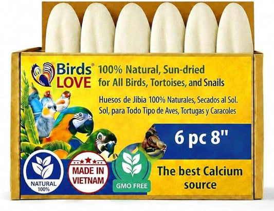 Birds LOVE 7.5-8" Cuttlebone for Birds – 100% Natural Sun-Dried Calcium Carbonate Mineral Supplement – for Parakeets, Budgies, Cockatiels, Finches & Canaries – 6 Pack with Holder – Made in Vietnam