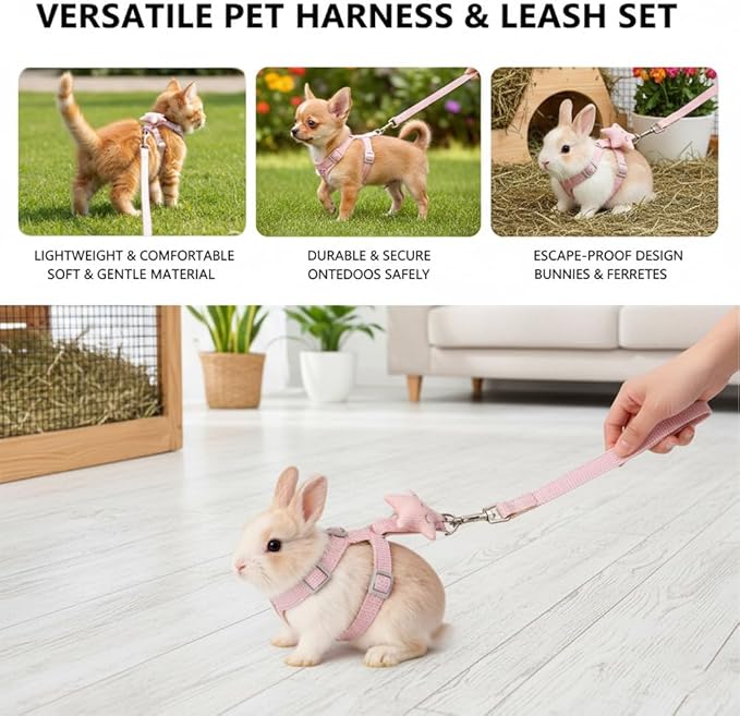 2 Pack Adjustable Rabbit Harness Set,Escape Proof Harness for Small Pets,Rabbits,Guinea Pigs,Ferrets – Comfortable,Durable Bunny Accessories for Walking&Running,All Season for Small Animals（Pink,Blue）
