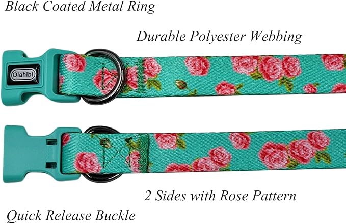 Dog Collar Leash Set, Floral Pattern, Polyester Material, Adjustable Collar and 5ft Matching Leash, for Small Dogs.(S, Green Rose)