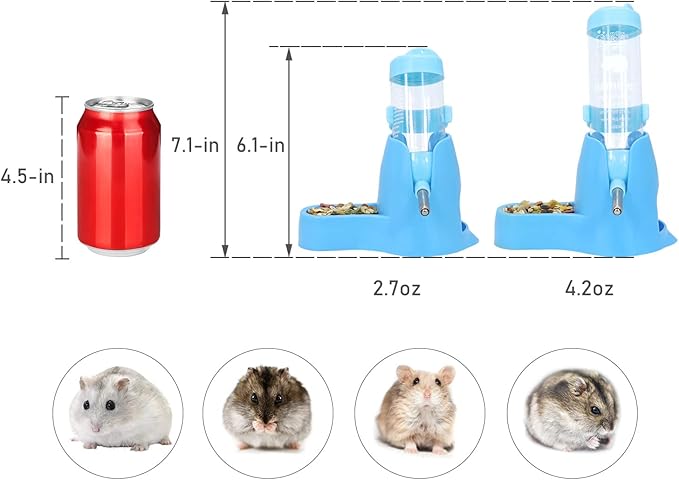 3 in 1 Hamster Hanging Water Bottle Pet Auto Dispenser with Base for Dwarf Hamster Mouse Rat Hedgehog (125ML, Blue)