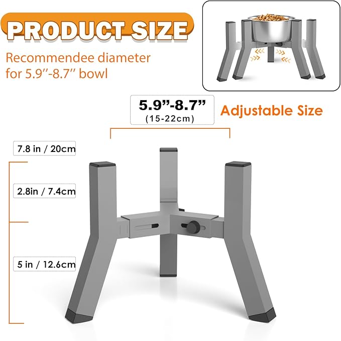SHAINFUN Raised Dog Bowl Stand, Adjustable Width 5.9-8.7'', Eelevated Dog Food Water Bowls, 7.8'' Tall, Grey-Bowl Not Included