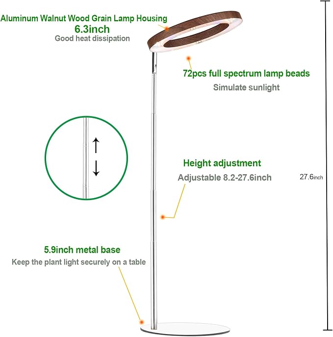 144 LEDs Plant Grow Light for Indoor Plant,Walnut Wood Grain Aluminum LED Grow Light with White Base, Height Adjustable,6.3" Aluminum Housing,Automatic Timer with 8/12/16 Hours,2 Pack