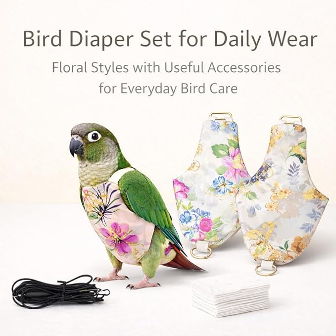 5PCS Bird Diaper Harness Set with Flight Leash and Disposable Liners, Reusable Bird Diapers for Parrots Conures Cockatiels Parakeets, Adjustable Bird Harness for Indoor Companion Birds(L)