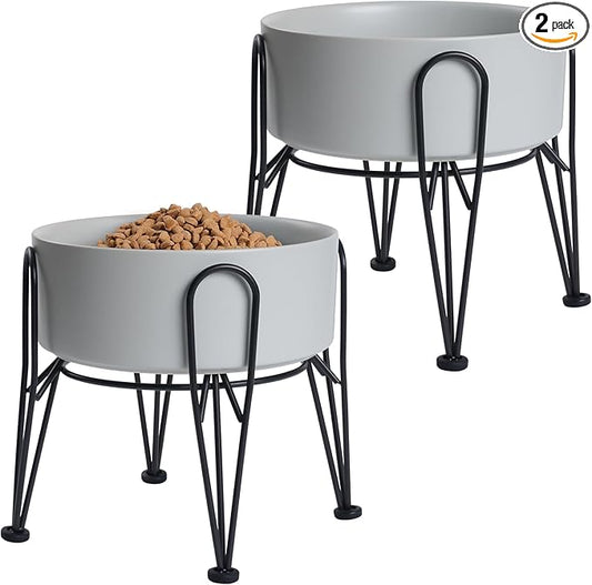Elevated Dog Bowls, Ceramic Raised Dog Bowl Set with Anti-Slip and Non-Tip Metal Stand, 2 Pack Pet Food and Water Feeding Bowls for Small and Medium Dogs (Gray,7.6 Cups)