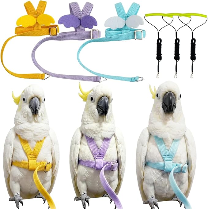 3 Pack Adjustable Bird Harness with Elastic Leash, Pet Parrot Harness and Leash, Adjustable Training Design Anti-Bite, Bird Nylon Rope with Cute Wing for Conure African Grey (Sulphur-crested Cockatoo)
