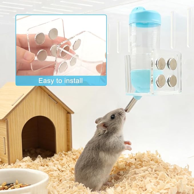 Hamster Water Bottle with Magnetic Holder, Secure & No Drip, Adjustable Height, Fits Glass/Acrylic/Metal Wire Cages, for Hamster, Guinea Pig, Hedgehogs and Other Small Pets(Clear)