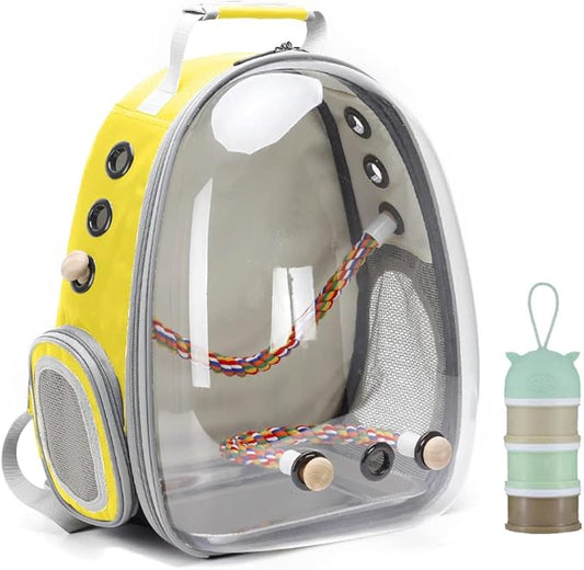 Bird Traval Carrier Cage, Clear Space Capsule Astronaut Backpack to Carry Parakeet Cockatiel Parrot with Metal Tray Wood Perch Bird Feeder, Vet Transport School Bag