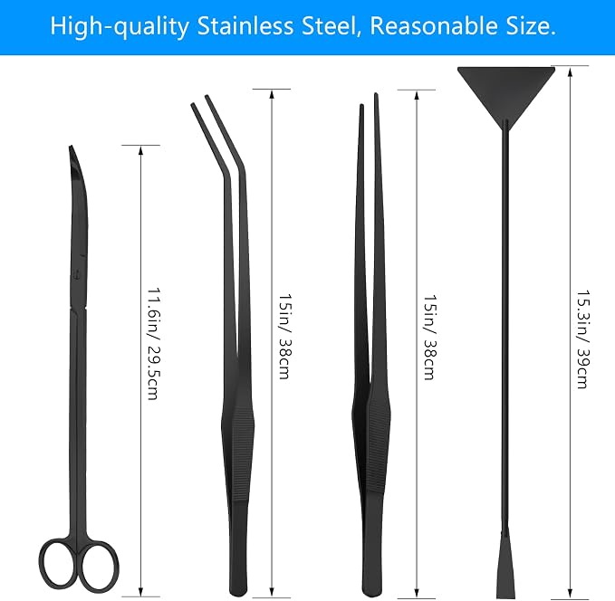 15" Aquarium Aquascape Tools Kit 4P Stainless Steel Aquascaping Set | 4in1 Extra Long Full Metal Design, Scissors, 2P Tweezers And Sand Spatula, For Trimming Plants, Arranging Sand And Aquascape