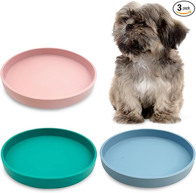 Silicone Dog Bowl Shallow Cat Food Bowls 7" Wide Puppy Plates Whisker Fatigue Pet Feeding Dishes Set of 3 for Dry and Wet Food Indoor (Blue + Pink + Green)