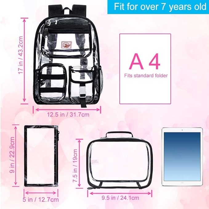 CCJPX 3Pcs Clear Backpack for Girls, School Transparent Bookbag, Heavy Duty See Through Backpacks for Teens Elementary