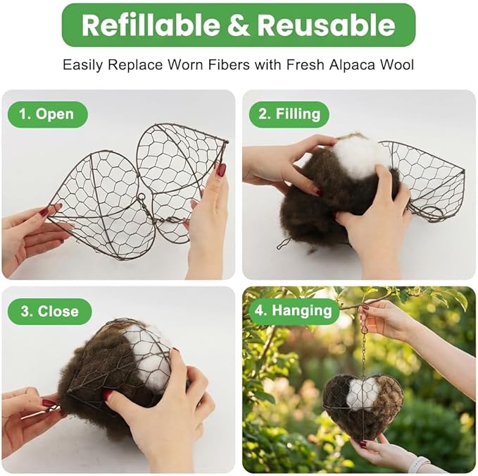 Alpaca Fiber Bird Nesting Heart, Refillable Bird Nesting Material Holder, Hummingbird Houses Nest Boxes for Outdoor Wild Birds Nestings