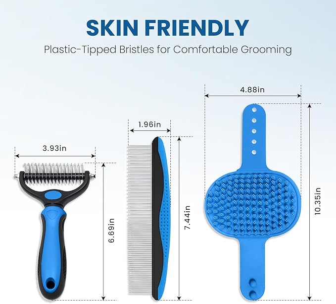 Double-Sided Pet Grooming Rake - 4-in-1 Professional Pet Grooming Kit Deshedding Dematting Tool for Dogs Cats Extra-Wide Grooming Brush & Deshedder Comb for Long & Short Haired Pets (Blue Kit 4PCS)