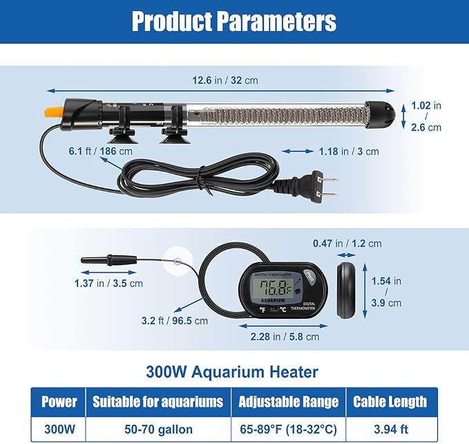 DaToo 300W Adjustable Knob Aquarium Heater Submersible Fish Tank Heater with Digital Thermometer for Saltwater and Freshwater Tanks