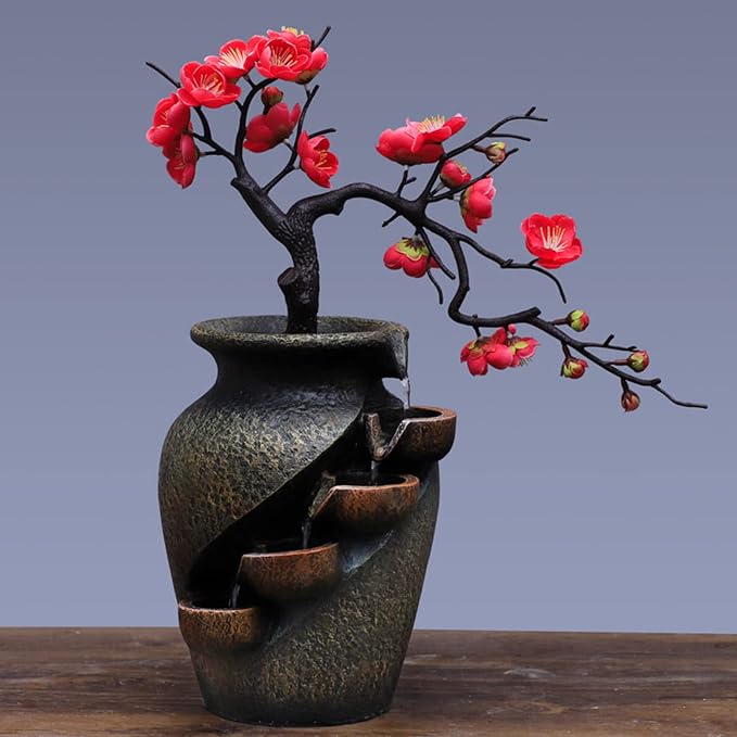 Indoor Fountain Rockery Tabletop Fountain with Flowers | Water Feature Meditation Desktop Fountains for Home Office Decor or Giving 11.8' x 7.1'' x 15.8''