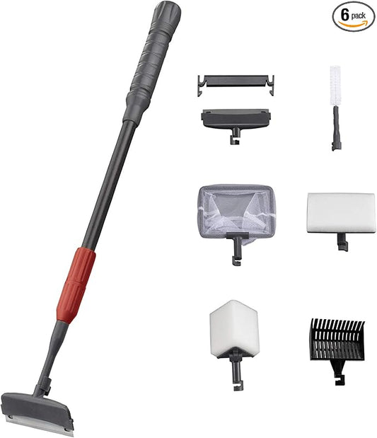 UPETTOOLS Aquarium Clean Tool 6 in 1 Fish Tank Cleaning Kit Algae Scraper Scrubber Pad Adjustable Long Handle Fish Tank Brush Cleaner Set
