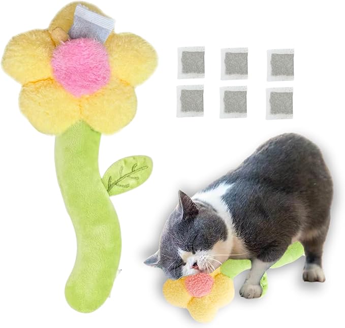 CECE PAW Catnip Refillable Interactive Cat Toy with Crinkle Sound, Flower Kicker Toy for Indoor Cats, Includes 6-Pack Catnip Pouches, Chew, Food Puzzle for Kitten Enrichment