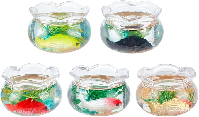 SUNNYCLUE 5Pcs 5 Styles Miniature Fish Tank Dollhouse Fish Bowl Plastic Simulated Round Goldfishes Grass Bowls Tanks Mini Display Decorations Accessories for Desktops Garden Scene Decors DIY Crafts
