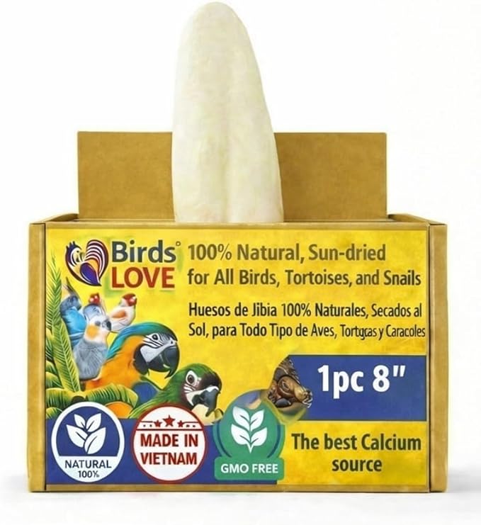 Birds LOVE 7.5-8" Cuttlebone for Birds – 100% Natural Sun-Dried Calcium Carbonate Mineral Supplement – for Parakeets, Budgies, Cockatiels, Finches & Canaries – 1 Pack with Holder – Made in Vietnam