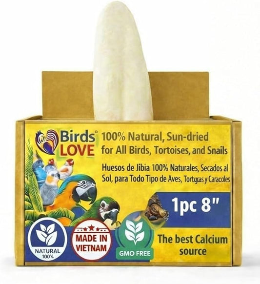 Birds LOVE 7.5-8" Cuttlebone for Birds – 100% Natural Sun-Dried Calcium Carbonate Mineral Supplement – for Parakeets, Budgies, Cockatiels, Finches & Canaries – 1 Pack with Holder – Made in Vietnam