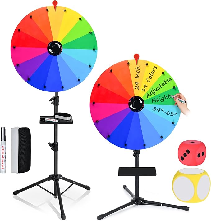 24 Inch Prize Wheel Spinner with Stand, Ajustable 34"-63" Height Heavy Duty Spinning Wheel for Prizes, Spin The Wheel Game with Stand for Tabletop or Floor, Suitable for Trade Show, Family, 14 Colors