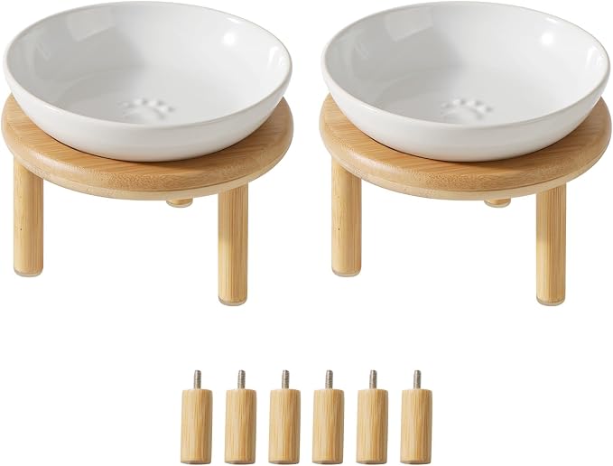 Havniva Elevated Cat Bowls Raised Ceramic Cat Bowl, 5.7” Wide Opening Cat Food Bowl Whisker Friendly Cat Dish Anti-Slip with Bamboo Stand, Shallow Pet Food & Water Bowl for Indoor Cats
