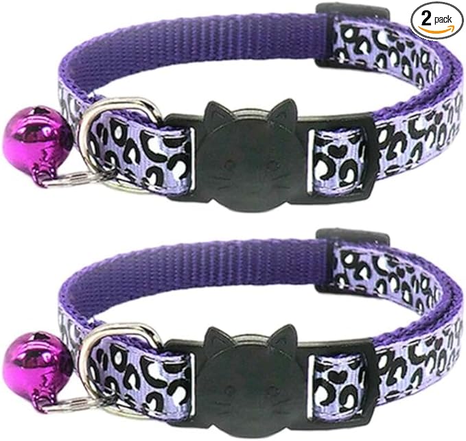 Reflective 2 Pack Breakaway Cat Collars with Bell Leopard Pattern Cute Kitty Adjustable 7.5-12.5 Inch Safe Kitten Collars Charms (Purple)