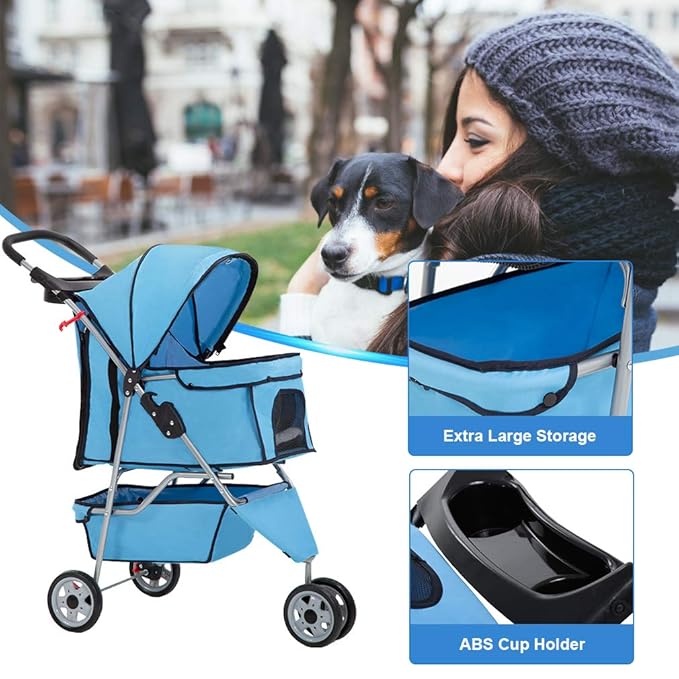 BestPet | 3-Wheel Pet Stroller | Dog and Cat Stroller | Breathable Mesh | Lightweight Travel Carrier | Waterproof & Foldable Design | Storage Basket | Black | for Daily Walks & Outdoor Use